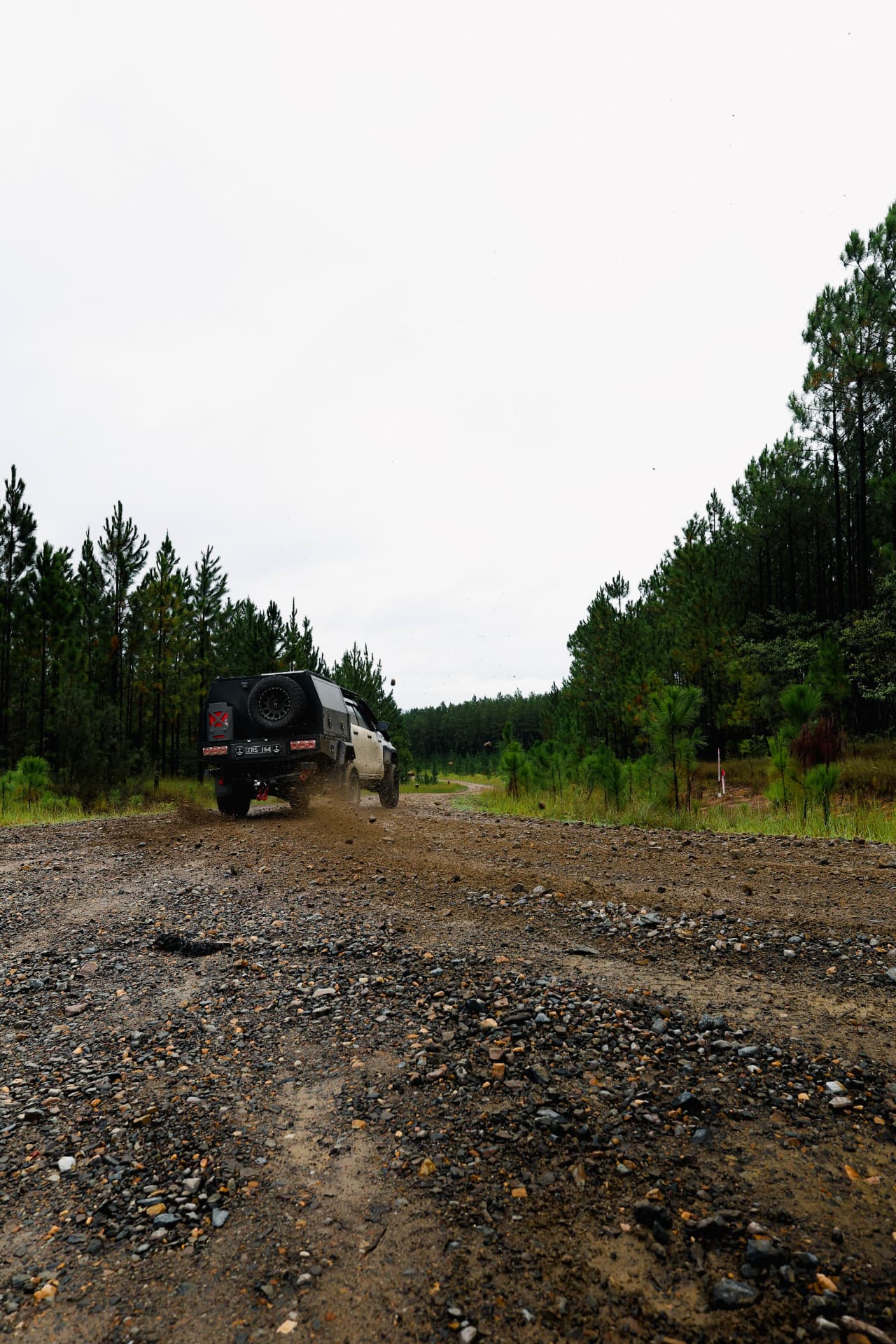 HiLux kicking up gravel on a forestry road