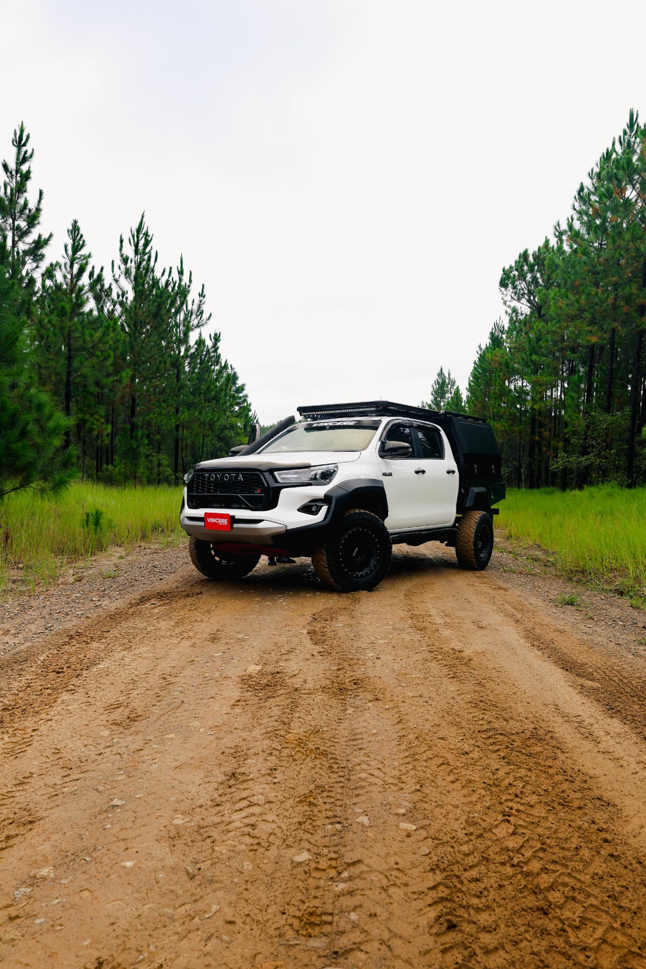 HiLux parked on a sandy forestry road
